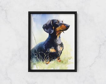 Teckel aquarel print ingelijste poster of canvas teckel in weide bloemen kunst cadeau huisdier eigenaar gezellige Memorial Wall Decor print