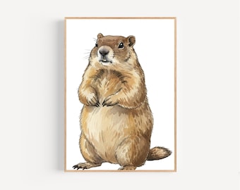 Groundhog Oil Painting Print Framed Poster or Canvas Cute Pudgy Groundhog Grassland Wall Art Small Critter Gift Idea Rustic Wildflower Decor