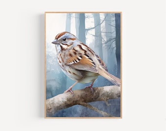 Póster o lienzo enmarcado con estampado de acuarela de gorrión, gorrión cantor, bosque frío, pájaro caprichoso, decoración de pared, regalo de observación de aves