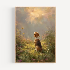 Beagle Wildflower Oil Painting Print, Framed Poster or Canvas Meadow Sunset Wall Art Gift Dog Remembrance Country Decor Memorial Field
