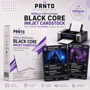 May include: A box of 300gsm professional black core inkjet cardstock for custom trading card games, featuring two blank white cards, a printer, and two example game cards titled Nightfall Sorcerer and Shadow Dread with purple and blue graphics.