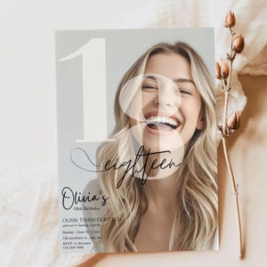 May include: An invitation for an 18th birthday party. The design features a large number 18 overlaying a photo of a smiling young woman with blonde hair. The text includes the name "Olivia's", the date, time, and RSVP information.