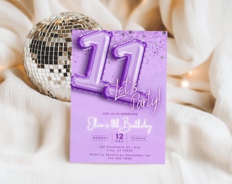 Invito per l'undicesimo compleanno viola e glitterato, modello di invito di compleanno auto-modificabile su Canva
