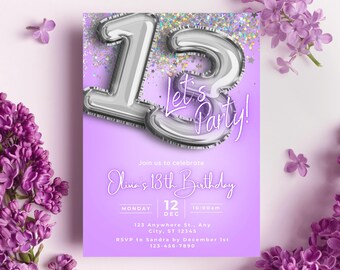 May include: A lilac-colored birthday invitation with silver foil balloon numbers forming the number 13. The text "Let's Party!" is above the birthday details, including the date, time, and RSVP information. Lilac flowers and petals surround the invitation.