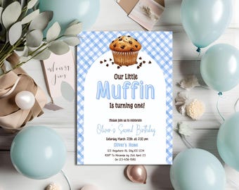 May include: A birthday invitation with a blue gingham pattern and the text "Our Little Muffin is turning one!" A chocolate chip muffin graphic is at the top. Light blue balloons and decorative elements surround the invitation.