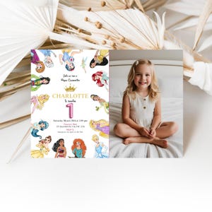 Watercolour Princess 1st birthday photo invitation, canva Self-Editable birthday invitation template