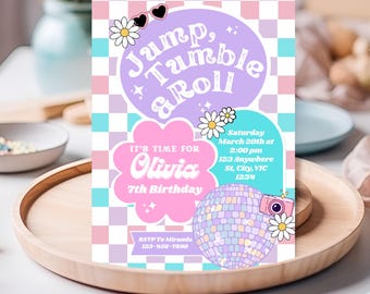 Hippy pastel Gymnastics birthday Invitation, Digital Self-Editable Canva Template