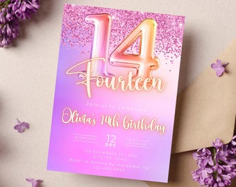pink and orange Glitter 14th birthday invitation, canva Self-Editable birthday invitation template