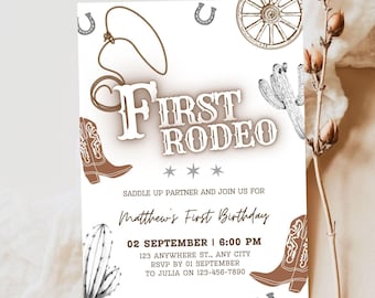 Simple boho My First Rodeo birthday invitation, canva Self-Editable birthday invitation template