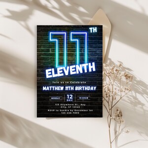 Neon blue and green 11th birthday invitation, canva Self-Editable birthday invitation template