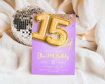 Paarse en gouden glitter 15e verjaardagsuitnodiging, canvas zelfbewerkbare sjabloon verjaardagsuitnodiging