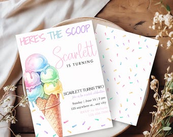 May include: A birthday invitation with the text "HERE'S THE SCOOP Scarlett IS TURNING". The invitation features a watercolor illustration of an ice cream cone with multiple scoops in pastel colors. The invitation is on a white background with colorful sprinkles.