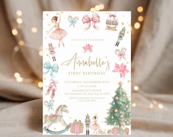 May include: A watercolor-style invitation for Annabelle's first birthday, featuring a ballerina, Christmas tree, and other festive illustrations. The invitation includes the text "Annabelle's First Birthday" and event details.