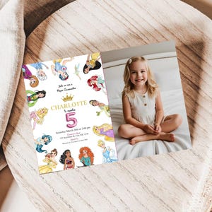 Watercolour Princess 5th birthday photo invitation, canva Self-Editable birthday invitation template