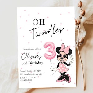 Simple Third birthday Minnie birthday party invitation, canva Self-Editable birthday invitation template