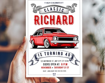 Any age Classic car mens birthday invitation, Printable Digital Instant Download Self-Editable Canva Template Surprise or no Surprise invite