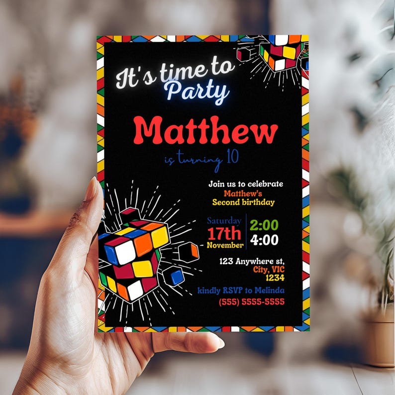 Rubik Birthday Party Digital Invitation, ANY AGE Digital Self-editable ...