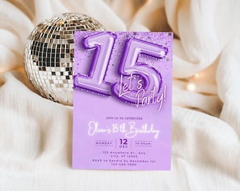 Paarse glitter 15e verjaardagsuitnodiging, canvas zelfbewerkbare sjabloon verjaardagsuitnodiging