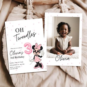 Simple Third birthday Minnie photo birthday party invitation, canva Self-Editable birthday invitation template