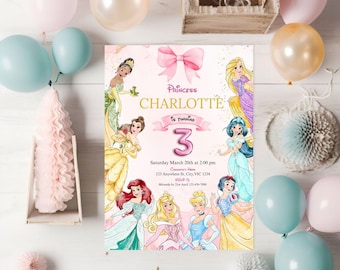 Watercolour Princess 3rd birthday invitation, canva Self-Editable birthday invitation template