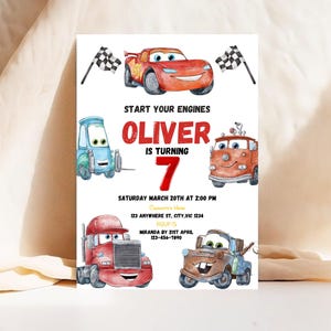 Watercolour Cars 7th birthday invitation, canva Self-Editable birthday invitation template