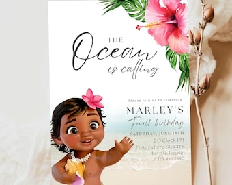 Watercolour Princess Moana&#39;s birthday party invitation, canva Self-Editable birthday invitation template