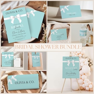 May include: A bridal shower bundle featuring various items in a light blue color with white bow accents. Includes invitations, food labels, thank you cards, water bottle labels, and a welcome sign. The text "Olivia & Co." is visible.