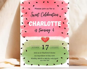 Invitación de cumpleaños con diseño de sandía en acuarela (Canva) Plantilla de invitación de cumpleaños autoeditable