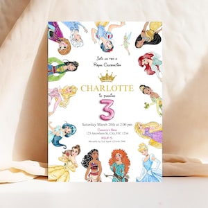Watercolour Princess 3rd birthday invitation, canva Self-Editable birthday invitation template