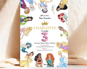 Watercolour Princess 3rd birthday invitation, canva Self-Editable birthday invitation template