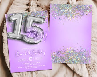 Paarse en zilveren glitter 15e verjaardagsuitnodiging, canvas zelfbewerkbare sjabloon verjaardagsuitnodiging
