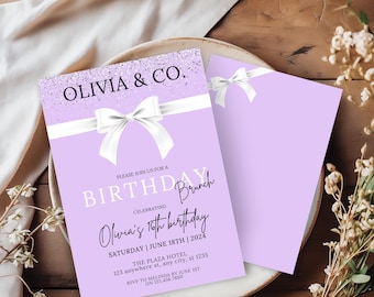 Brillo de lavanda simple, invitación a la fiesta de brunch de cumpleaños, plantilla de Canva autoeditable digital de lavanda