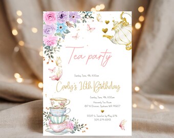 Tea party birthday invitation, canva Self-Editable birthday invitation template