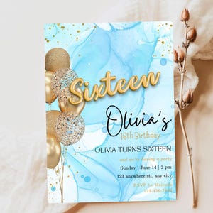 Watercolour 16th birthday invitation, canva sixteenth Self-Editable birthday invitation template