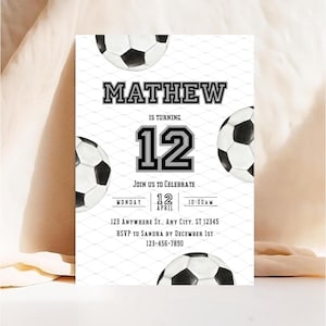 May include: A white invitation card with soccer ball graphics. The card reads "MATHEW IS TURNING 12" with event details: Monday, April 12, 10:00 AM. Includes an address and RSVP information.