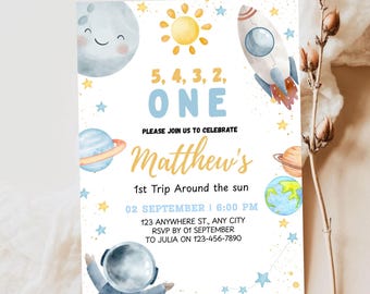 Space first Birthday invitation, canva Self-Editable birthday invitation template
