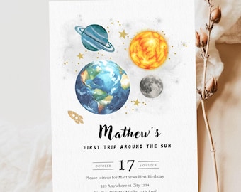 Space first trip around the moon Birthday invitation, canva Self-Editable birthday invitation template