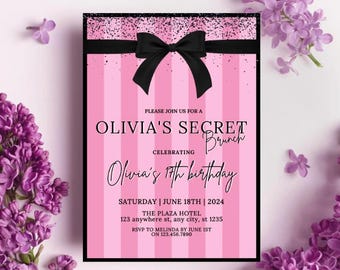 May include: A pink and black invitation with the text "Olivia's Secret Brunch" and "Olivia's 17th birthday". The invitation has a black bow and pink stripes. The date is June 18th, 2024.