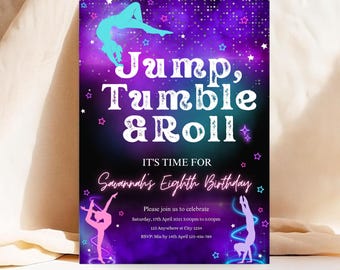 Invitación de cumpleaños de gimnasia neón, plantilla de invitación de cumpleaños autoeditable de Canva