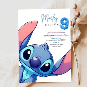 Simple boho Sitch 9th birthday invitation, canva Self-Editable birthday invitation template
