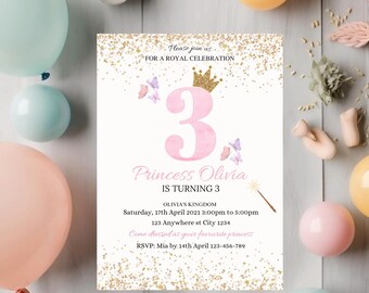 Watercolour Princess 3rd birthday invitation, canva Self-Editable birthday invitation template