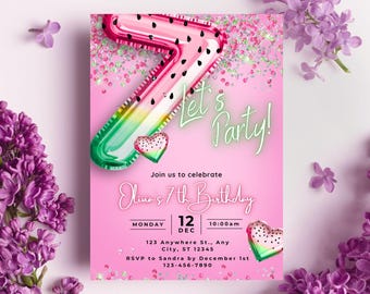 Watermelon Glitter 7th birthday invitation, canva Self-Editable birthday invitation template