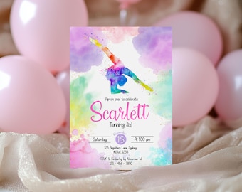 Rainbow Gymnastics birthday Invitation, Digital Self-Editable Canva Template