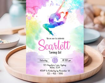 Watercolour Rainbow Gymnastics birthday Invitation, Digital Self-Editable Canva Template