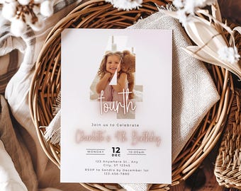 Fourth birthday invitation, boho photo birthday Invitation Digital Self-Editable Canva Template