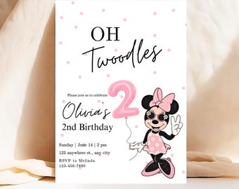 Simple Second birthday Minnie birthday party invitation, canva Self-Editable birthday invitation template