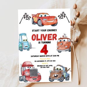 Watercolour Cars 4th birthday invitation, canva Self-Editable birthday invitation template