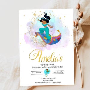 Princess Jasmin birthday invitation, canva Self-Editable birthday invitation template