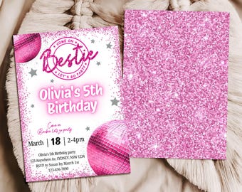 Glitter bestie disco thema verjaardagsuitnodiging, canvas zelfbewerkbare sjabloon verjaardagsuitnodiging