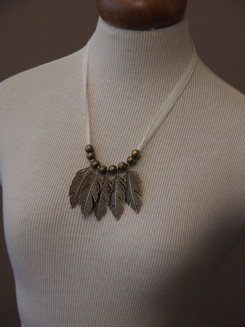 metal feather leafy bronze or copper with ribbed ivory organic cotton // modern // vintage // boho // rustic image 3